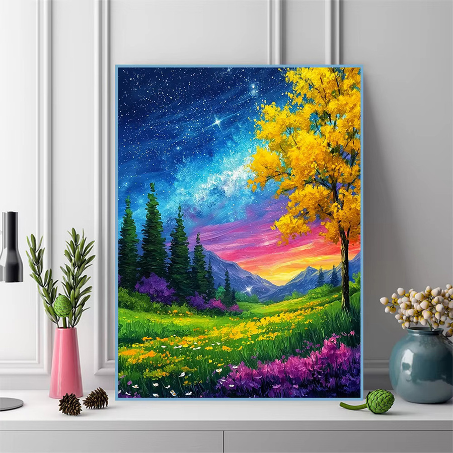 Momoart Diamant-Mosaik Landschaft mit Baummuster und Bergen als Kreuzstich-Kunstgemälde für Erwachsene und Anfänger, Multicolor, B/H: 30 x 20 cm - Bild 3