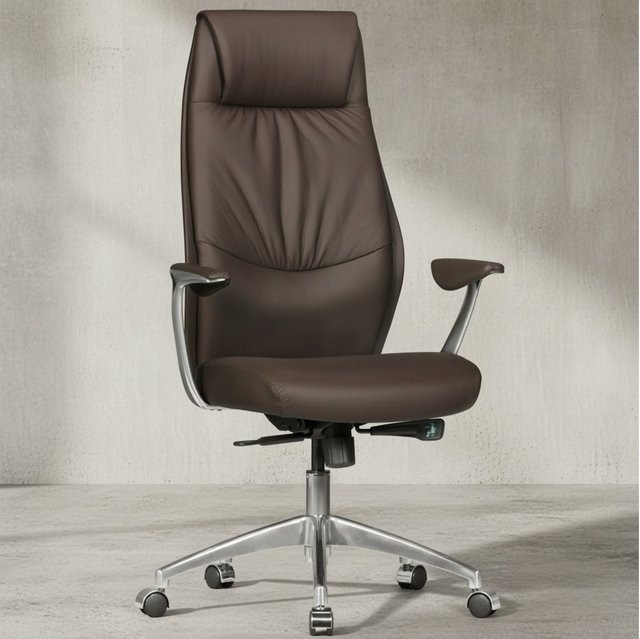 KADIMA DESIGN Bürostuhl aus Echtleder mit Kopfstütze und Aluminium Armlehnen, Braun, B/T/H: 67 x 58 x 125 cm - Bild 1