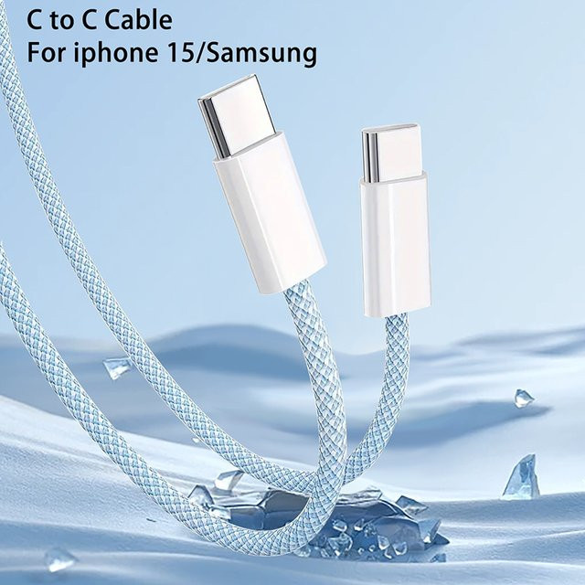 USB-C auf USB-C Schnellladekabel 60 W in Blau für Apple iPhone 15, Huawei, Xiaomi und Samsung, gewebtes Ladekabel - Bild 1