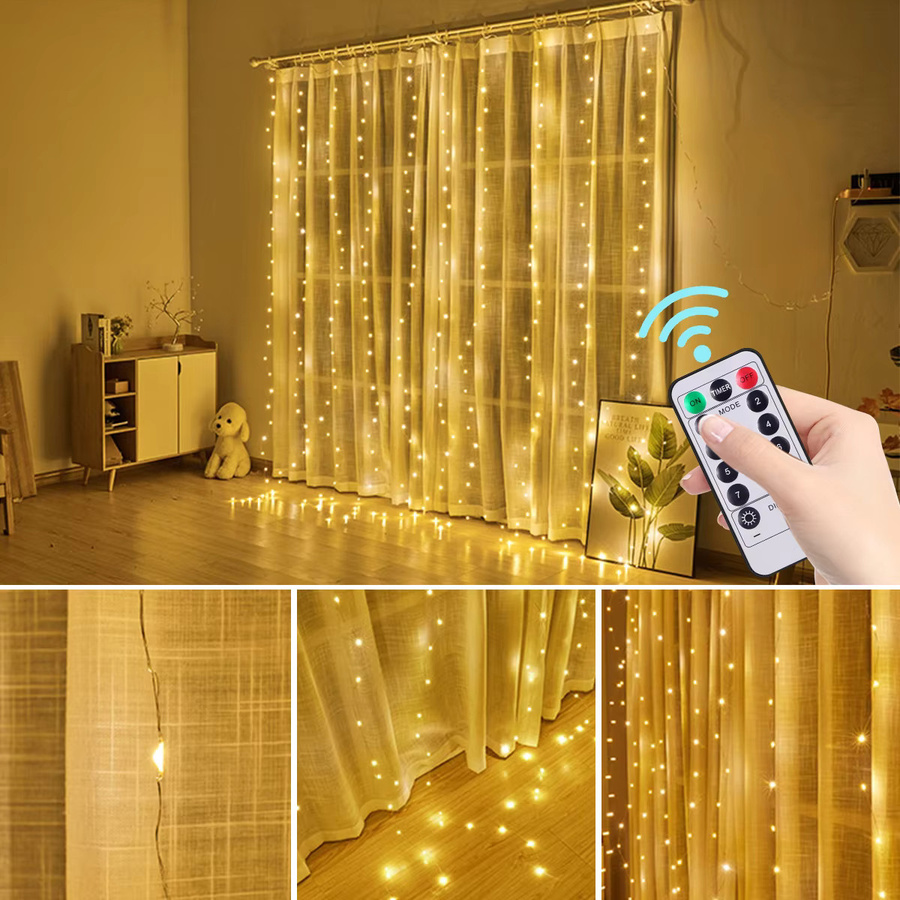 CHNAITEKE LED-Vorhangleuchten mit USB-Fernbedienung in Warmweiß, 3m Feengirlande zur Dekoration - Bild 2