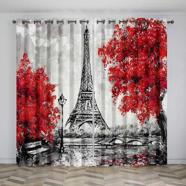 2er-Set Romantische Eiffelturm Vorhänge mit Haken, Semitransparent, Mehrfarbig, B: 50 cm, H: 130 cm - Bild 1