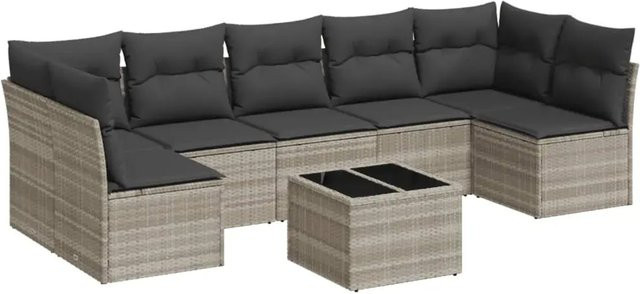 vidaXL 8-teilige Garten-Sofagarnitur aus Polyrattan in Hellgrau mit Kissen und Stauraum - Bild 1