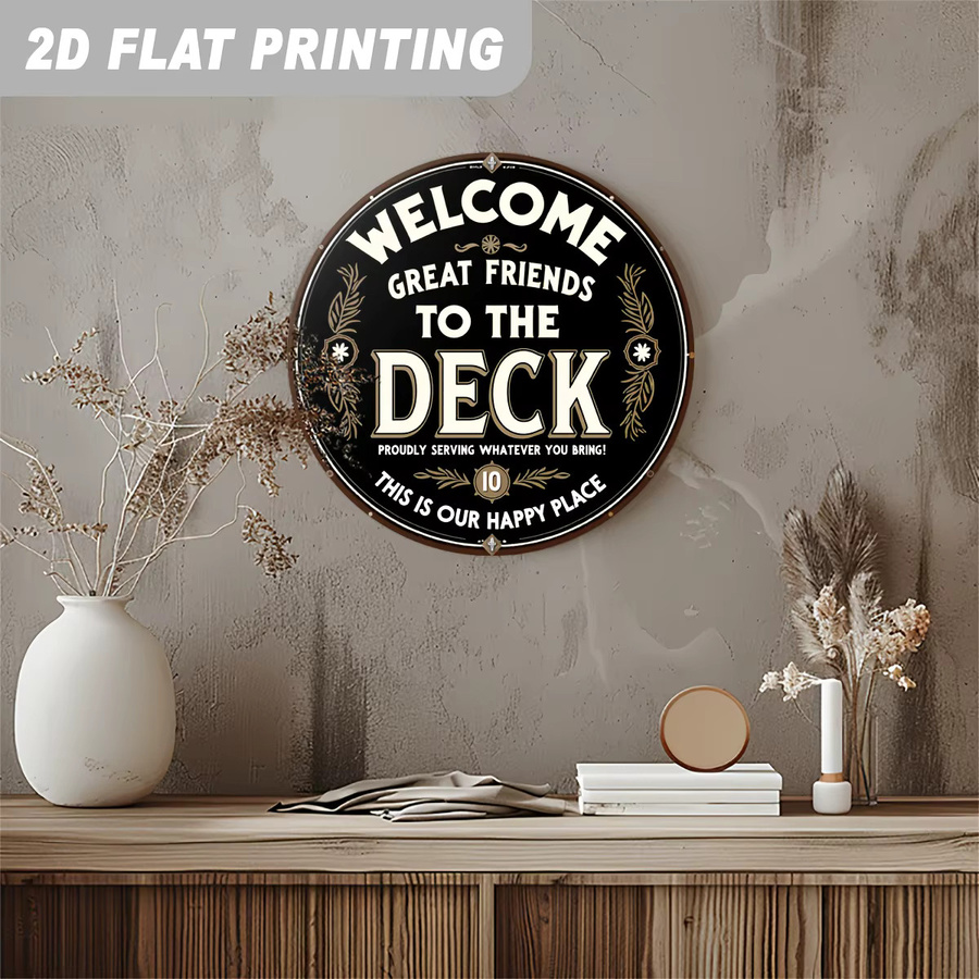 Potdemiel Vintage Willkommensschild Welcome Great Friends to Our Deck aus Aluminium-Metall in Schwarz und Gold, Durchmesser: 20 cm - Bild 5