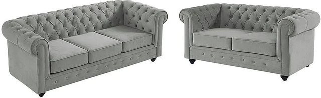 Vente-unique Chesterfield Couchgarnitur aus Samt in Hellgrau, 3+2 Sitzer, Breite: 205 cm, Breite: 165 cm - Bild 1