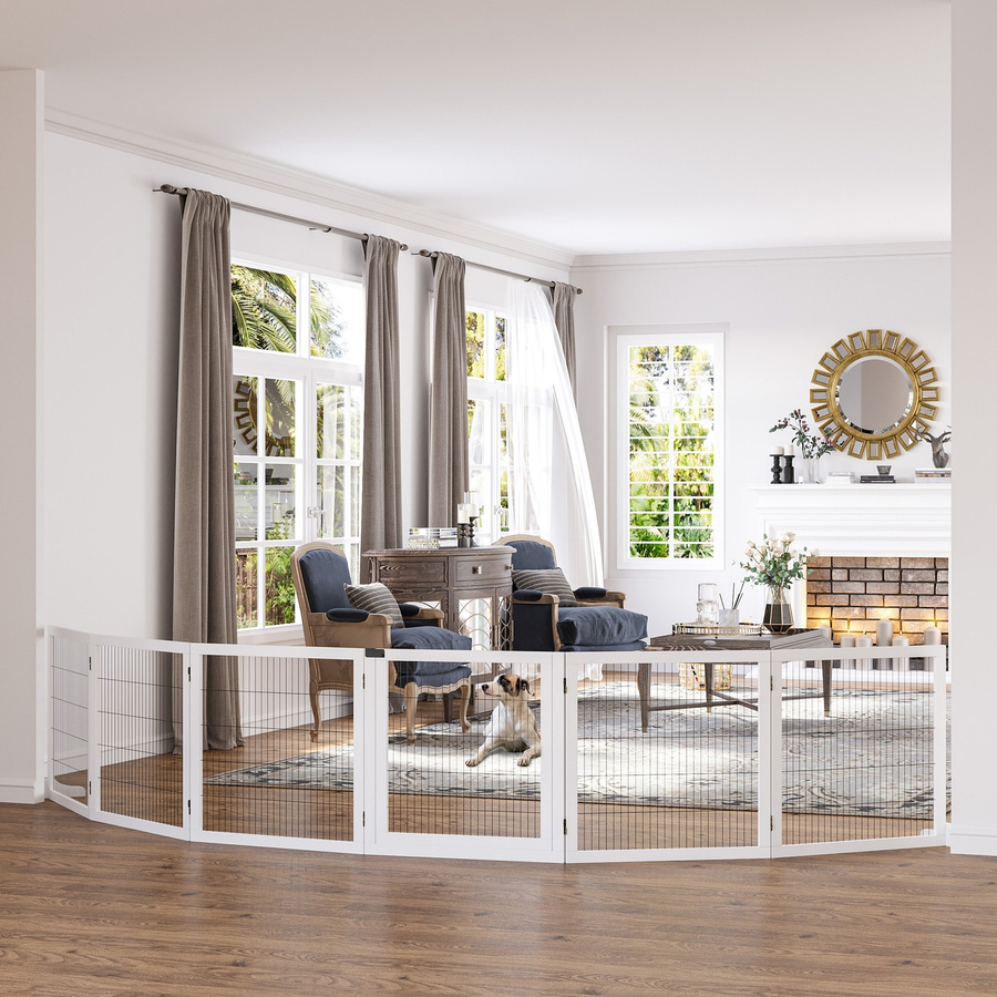 PawHut Hundegitter aus Holz in Weiß, verstellbares und klappbares Absperrgitter mit 6 Paneelen für Treppen, Türen und Flur, B/H/L: 432 x 70 x 36 cm - Bild 2