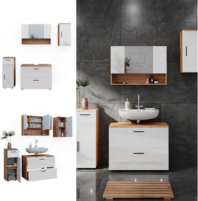 Vicco Badmöbelset Irma in Eiche und Weiß Hochglanz, modernes 4-teiliges Badezimmer-Set - Bild 1