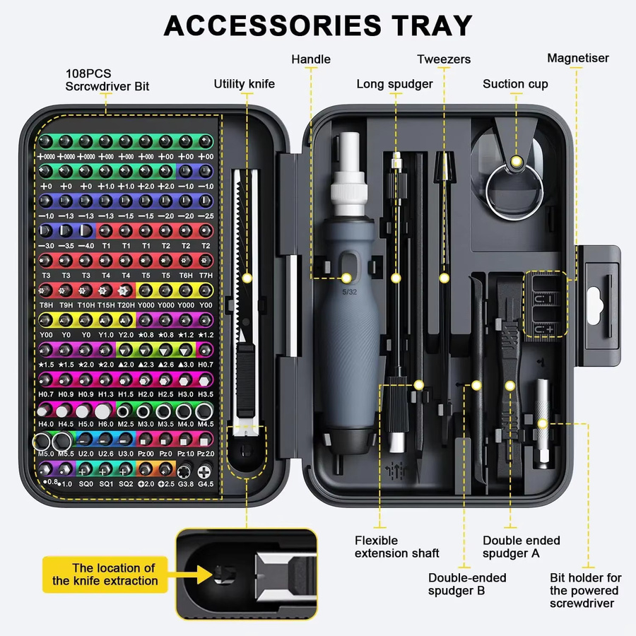 Mini-Präzisions-Schraubendreher-Set 132 in 1 mit 108 Bits und Aufbewahrungsbox, Mikro-Magnetisches Reparaturwerkzeug-Set in Schwarz - Bild 2