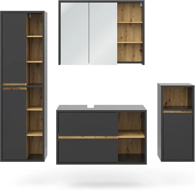 Vicco Badmöbel-Set Viola in Anthrazit und Eiche, 4-teiliges modernes Badezimmer-Set bestehend aus Spiegelschrank, Waschtischunterschrank, Midischrank und Hochschrank - Bild 2