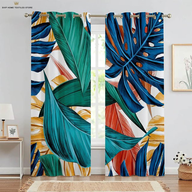 Yiran Furniture Vorhänge mit tropischem Blattdruck im nordischen Stil, 2er-Set, halbtransparent, Multicolour, B: 50 cm, H: 130 cm - Bild 1