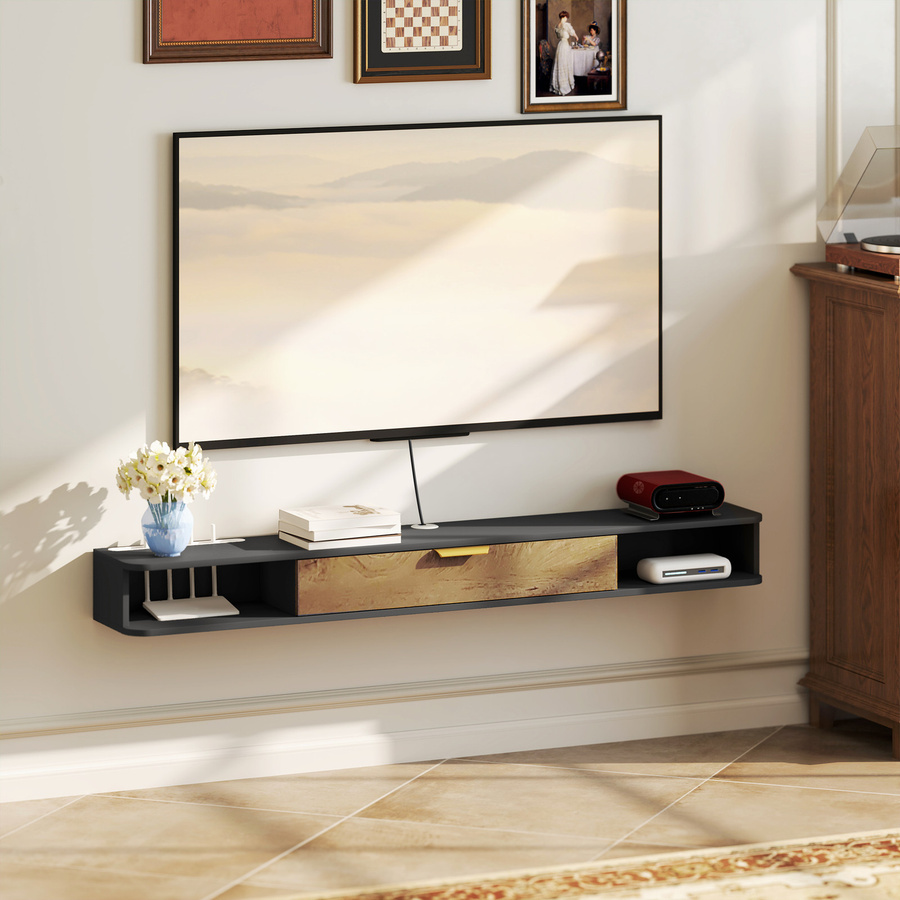 HOMCOM Wand-TV-Möbel aus Holz in Grau, schwebende TV-Bank mit offenen Fächern, klappbarer Tür und Kabeldurchlässen für Wohnzimmer und Schlafzimmer, B/T/H: 160 x 24 x 16 cm - Bild 2