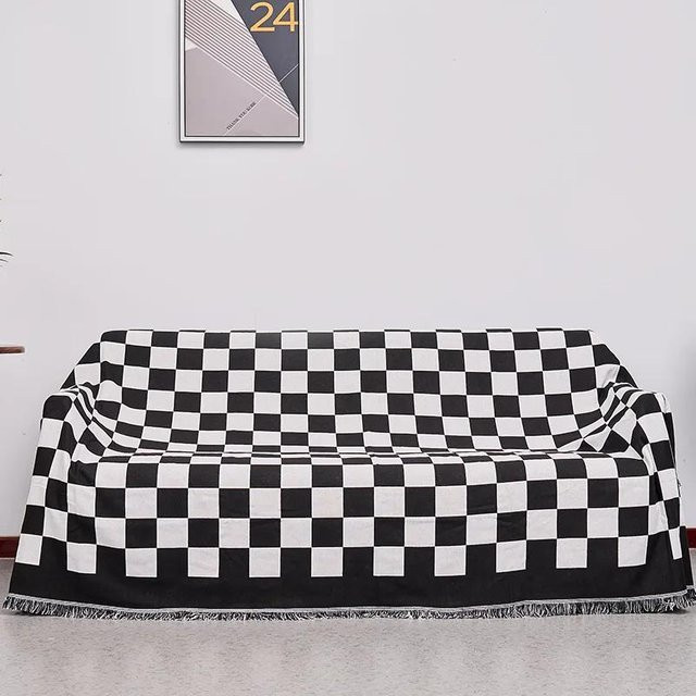 Yiran Furniture Jacquard Überwurfdecke im Vintage-Karo-Design, schwarz-weiß, B/T: 90 x 90 cm - Bild 1
