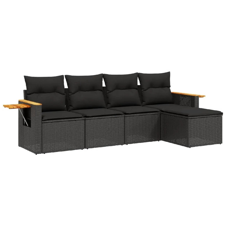 vidaXL 5-teilige Garten-Sofagarnitur in L-Form aus Poly-Rattan und Akazienholz mit Kissen in Schwarz - Bild 2