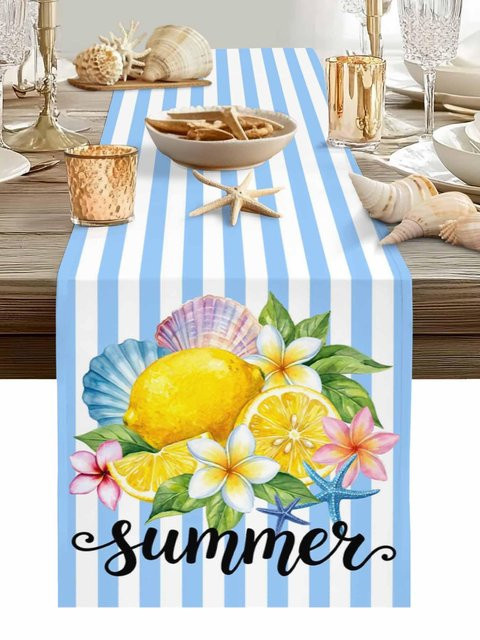 Beau Maison Tischläufer aus Leinen mit blauem Streifenmuster, Sommer Ozean Sterne Zitrone Design, B/H: 150 x 33 cm - Bild 1