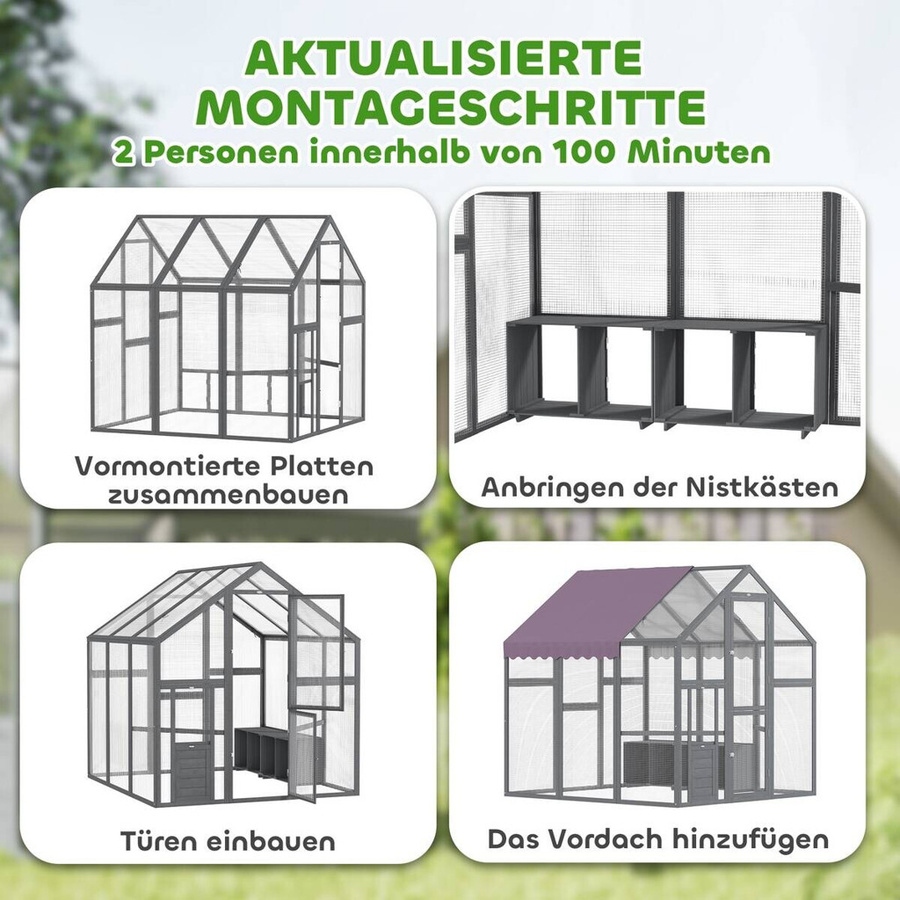 PawHut Hühnerstall Freilaufgehege aus Tannenholz mit wasserdichtem Anti-UV Dach in Grau, B/H/L: 183 x 182 x 168 cm - Bild 5