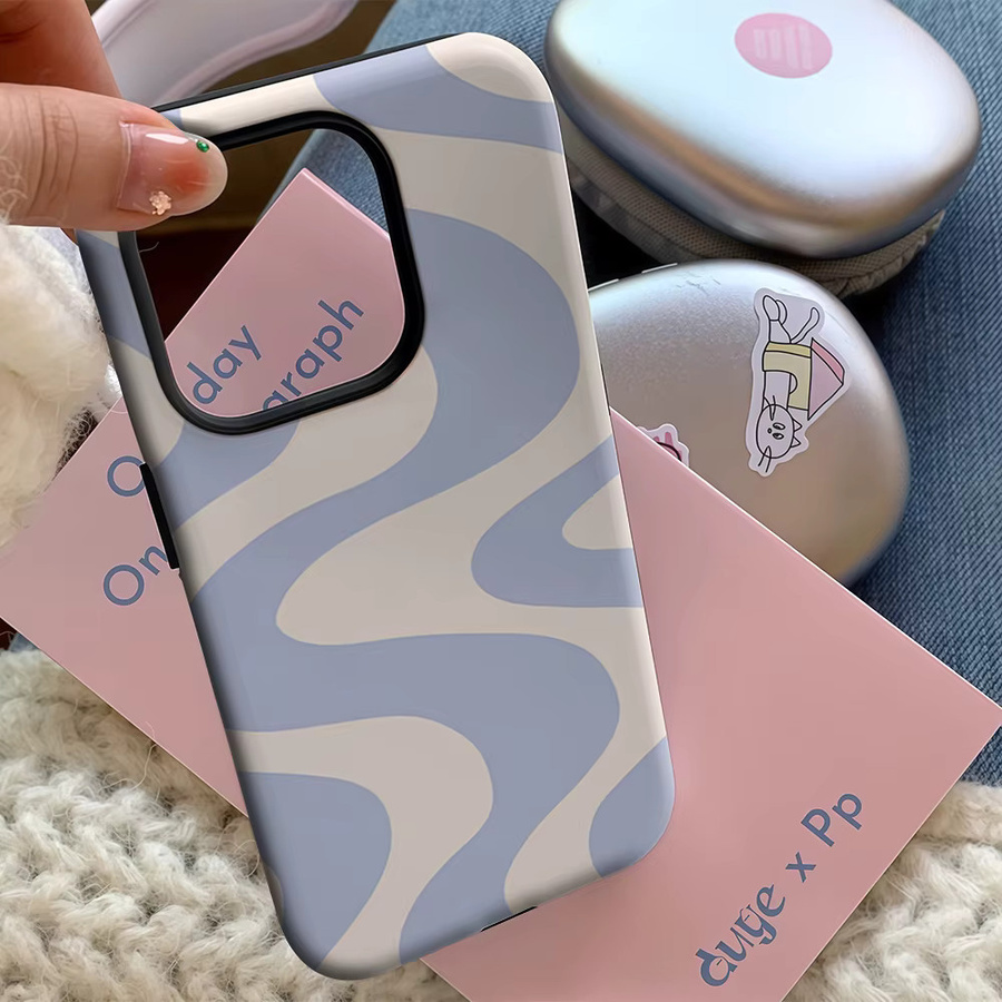 Luxuriöse Handyhülle für Apple iPhone (kompatibel mit iPhone 17 bis 8 und Air Pro Max Plus) mit doppellagiger Rückseite in Hellblau und Cremefarben, gewelltes Design - Bild 2