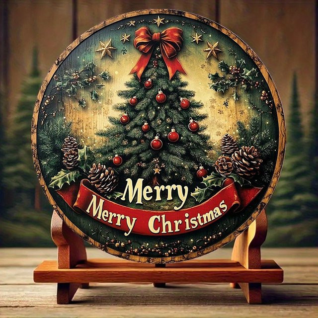 Potdemiel Rundes Aluminium-Blech Frohe Weihnachten mit Tannenzapfen-Design in Mehrfarbig, Durchmesser: 20 cm - Bild 1