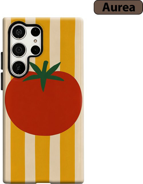 Stoßfeste Doppelschicht Handyhülle mit gelb gestreiften Tomaten für Samsung Galaxy S25 Ultra, S24 und S23 Ultra Plus - Bild 1