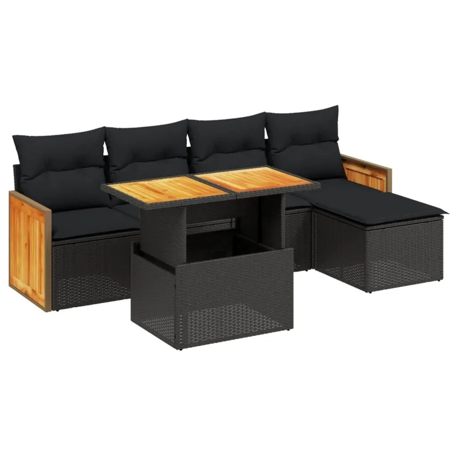 vidaXL 6-teilige Garten-Sofagarnitur aus Poly-Rattan und Akazienholz in Schwarz mit Kissen - Bild 2