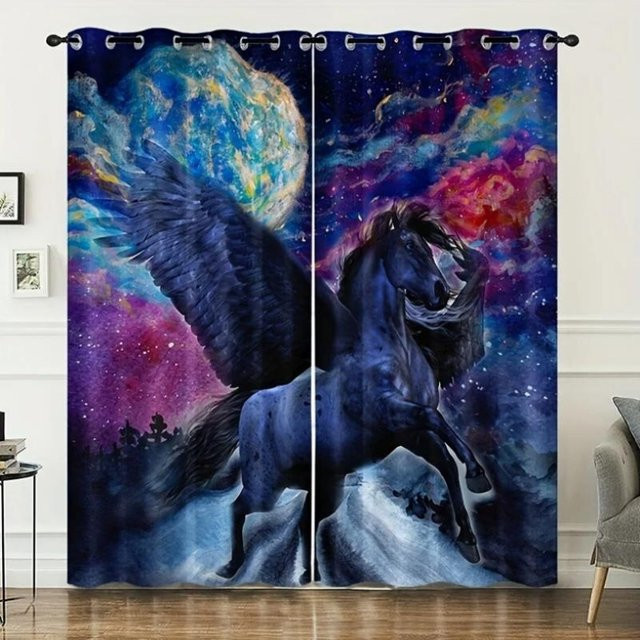 Yiran Furniture Vorhänge mit Fliegendem Pferd Motiv, 2er-Set, halbtransparent, Mehrfarbig, Breite: 55 cm, Höhe: 120 cm - Bild 1