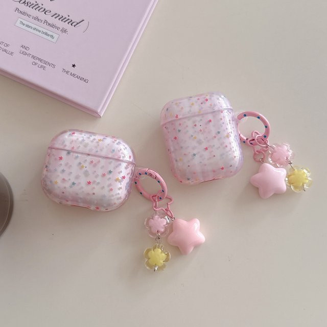 Bunte Kopfhörerhülle mit Sternen und Blumenanhänger für Apple AirPods 1, 2, 3, 4 und Pro (Pink/Multicolor) - Bild 1