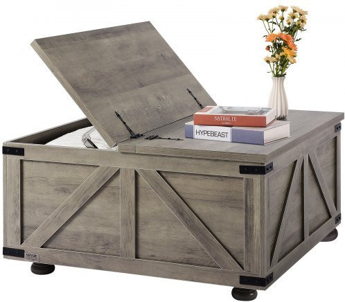 VEVOR Farmhouse Couchtisch aus Holz mit Aufklappfunktion und großem Stauraum, Beige, B/T/H: 91,4 x 91,4 x 46,3 cm - Bild 1