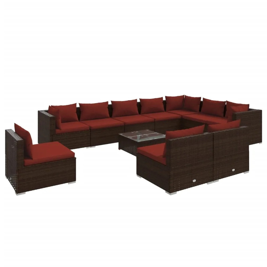 vidaXL 11-teiliges Garten-Lounge-Set in U-Form aus braunem Poly-Rattan mit Kissen und Glastisch - Bild 2