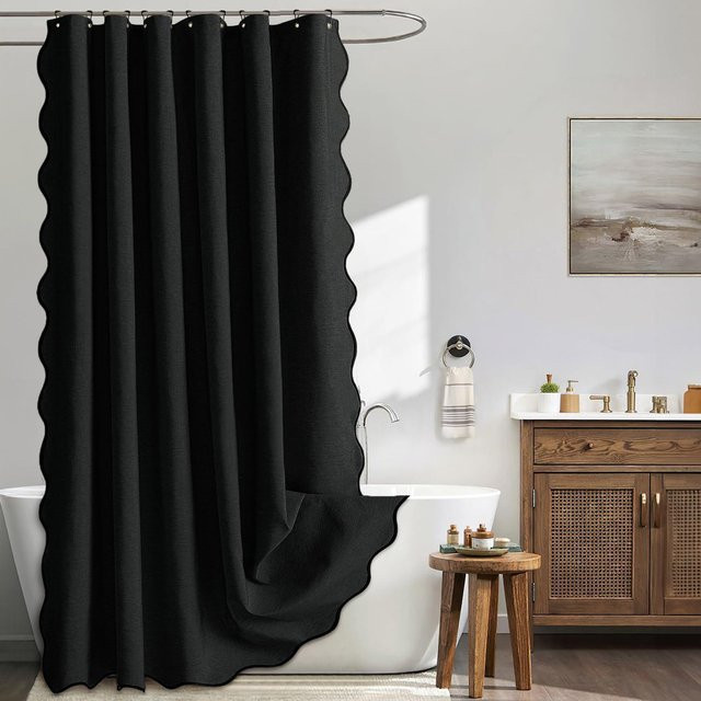 Wasserdichter Duschvorhang in Leinenoptik mit Wellenrand, Schwarz, B/H: 180 x 180 cm - Bild 1