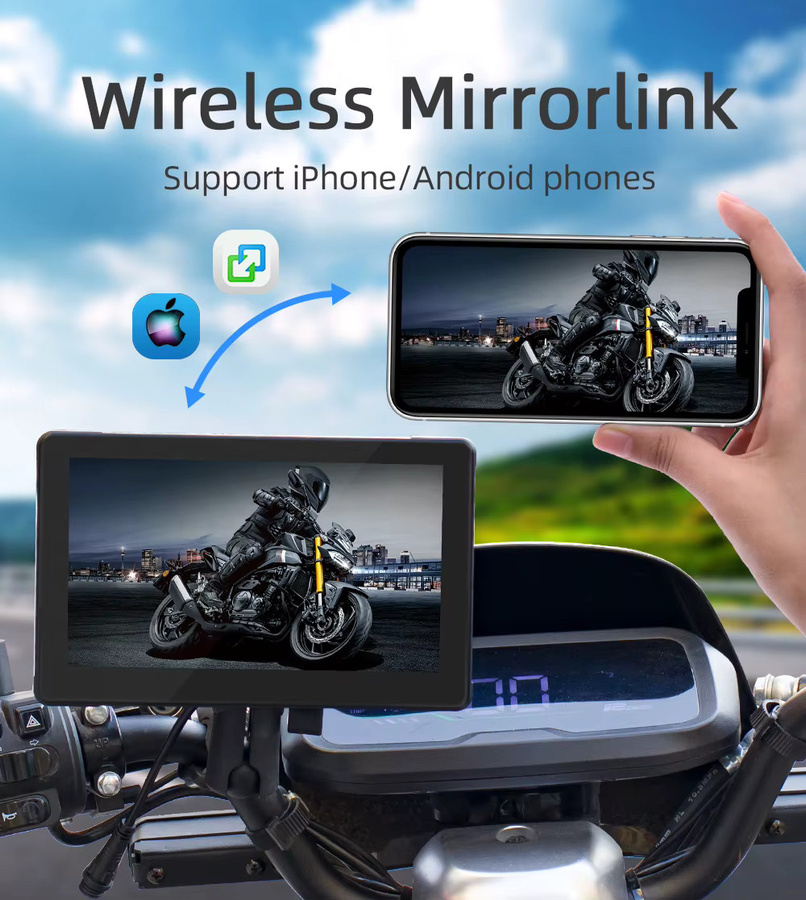 BQCC 7-Zoll Motorrad HD MP5 Fahrrekorder mit Android Auto und CarPlay, wasserdicht IP65, Schwarz - Bild 2