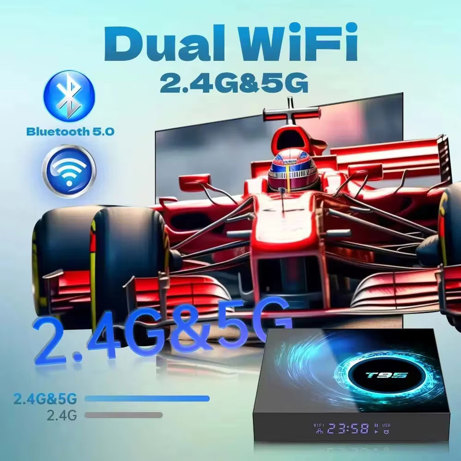 T95 Smart TV Box Android 14 Media Player mit 8GB RAM und 256GB Speicher, Allwinner H616, Dual WiFi, Bluetooth 5.4 und Google Voice Unterstützung, Schwarz - Bild 2