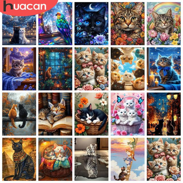 HUACAN 5D DIY Diamant-Mosaik Katze mit Blumen, Rund, Mehrfarbig, B/H: 40 x 30 cm - Bild 1
