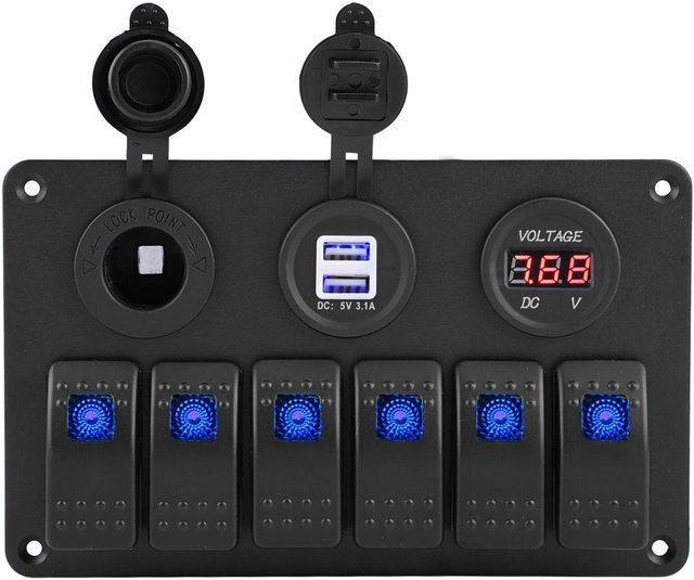 Neoglint 6fach LED Wippschalter Panel für Auto und Boot mit Dual USB C und Voltmeter in Schwarz und Blau - Bild 1