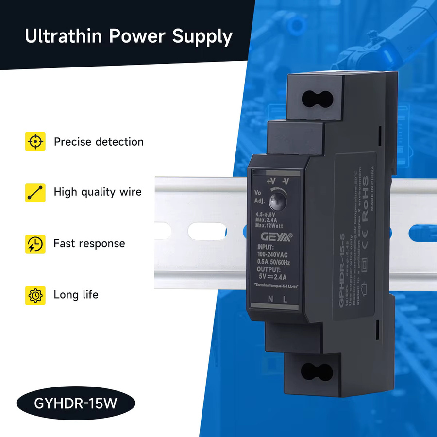 GEYA HDR-15 Ultradünnes Schaltnetzteil für Schienenmontage, 15W, 5V/12V/24V, Schwarz - Bild 4