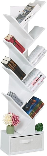 Relaxdays Bücherregal in Baumform aus Spanplatte mit Schublade, Weiß, H x B x T: 146 x 38 x 22 cm - Bild 1