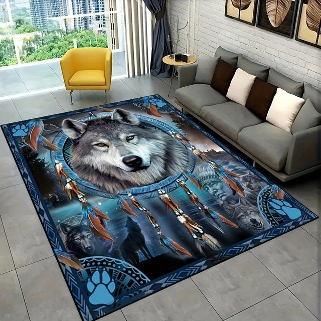 VIKAMA Native American Wolf Dreamcatcher Teppich in Blau, rutschfeste und waschbare Matte mit Tribal-Wolf-Feder-Print für Wohnzimmer und Schlafzimmer - Bild 1