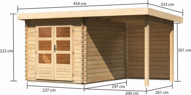 Gartenhaus Holz BASTRUP 4 in Naturbelassen mit 200 m2 Anbaudach und Rückwand, Blockbohlenhaus mit 28 mm Wandstärke, B/T: 237 x 297 m - Bild 1