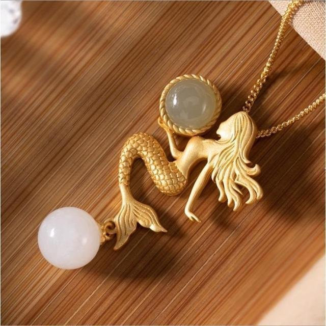 Halskette mit Meerjungfrau-Anhänger, Hetian-Jade, Silber, Gold, Perle, Damen - Bild 1