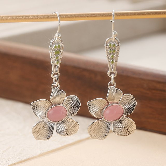 Futz Anhänger-Ohrringe, Vintage, Blumenform, Rosa Stein, Silber, Damen - Bild 1