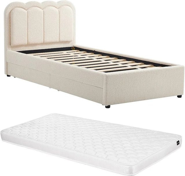 Nestiako Bettrahmen Modern in Creme mit Bouclé-Stoff und Schubladen B/T/H: 98 x 190 x 201 cm - Bild 1
