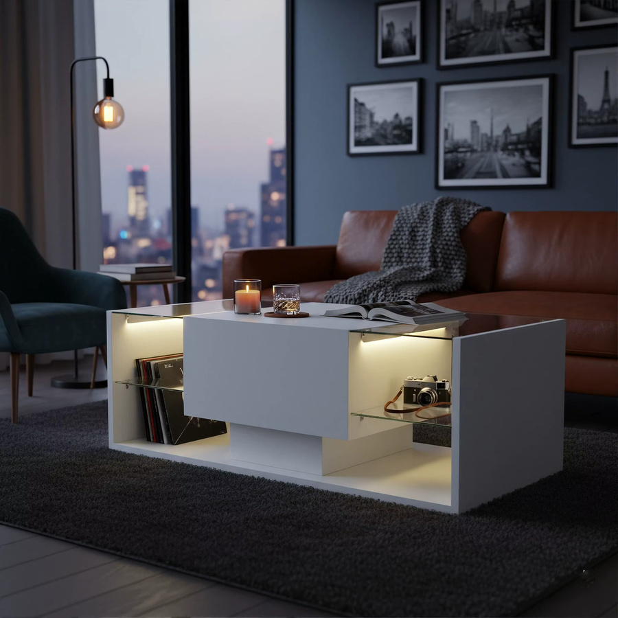 Moderner niedriger Couchtisch in Schwarz/Weiß glänzend mit 4 Regalen aus gehärtetem Glas, Schublade und RGB LED-Beleuchtung per App oder Fernbedienung - Bild 3