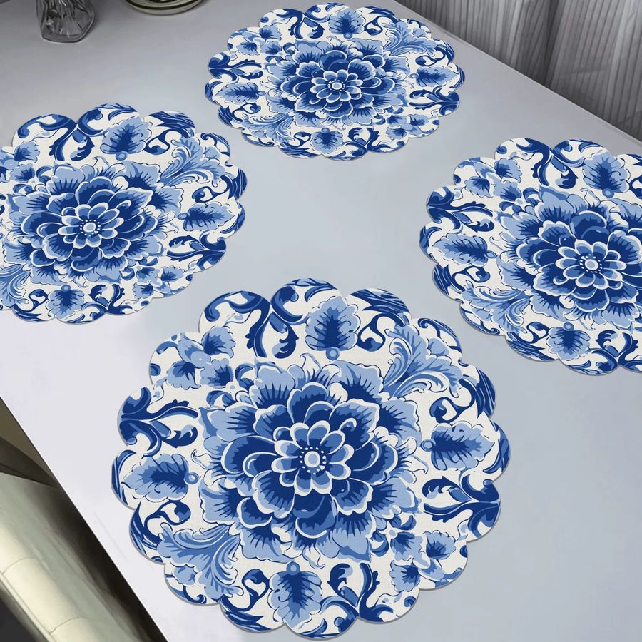 VIKAMA 4-teiliges Tischset mit blau-weißen Blumen im ländlichen Stil - Bild 2