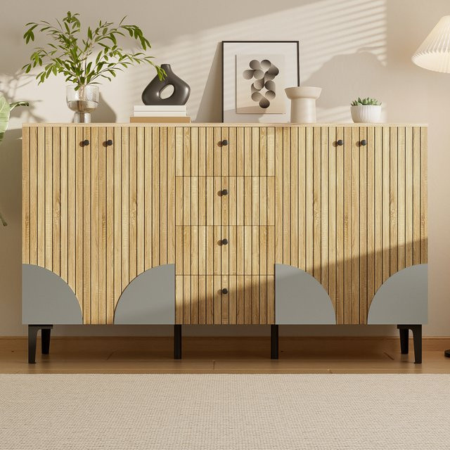 Ye Moderner Holz-Aufbewahrungsschrank in Braun mit 4 Türen und 4 Schubladen, Minimalistisches Design, B/T/H: 160 x 36 x 94 cm - Bild 1