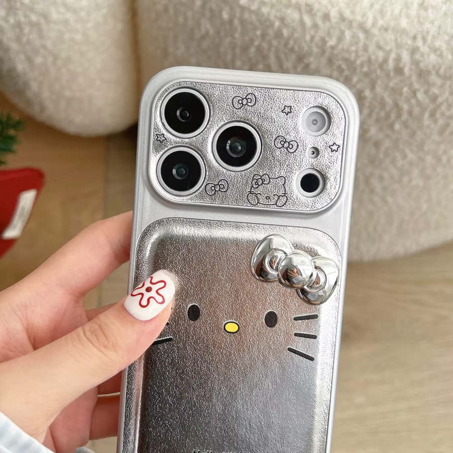 Sanrio Silver Skin KT Handyhülle mit 3D-Schleife, stoßfestes Softcover für iPhone 17 16 15 14 Pro Max, Farbe: Silber - Bild 3