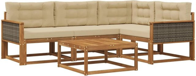 vidaXL Outdoor-Sofagarnitur L-Form aus massivem Akazienholz mit 5 Kissen in Natur und Beige - Bild 1