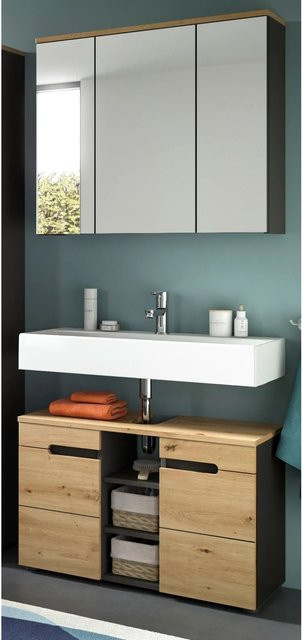 Inn.Furn Badmöbel Set Cooper 2-teilig in Eiche und Grau mit Waschtischunterschrank und Spiegelschrank, Breite: 80 cm - Bild 1
