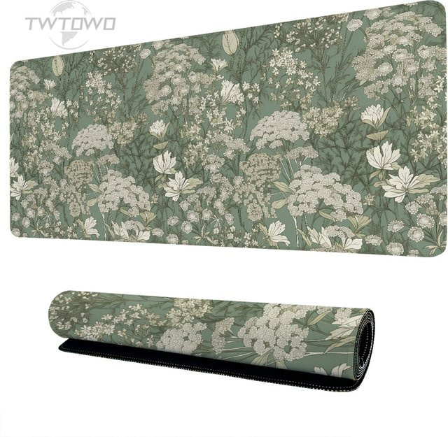TWTOWO Gamer Mauspad XL in Grün mit Vintage Blumen Design, rutschfeste Spielmatte für Heimcomputer und Büro - Bild 1