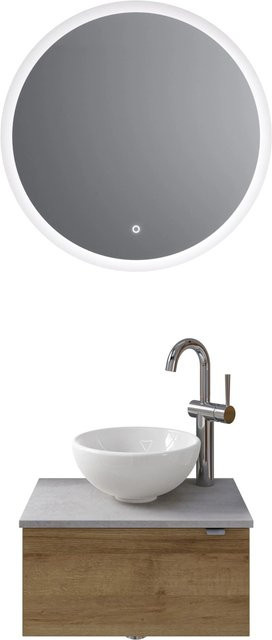 Pelipal Badmöbel-Set Serie 6915 Riviera Eiche-Oxid Hellgrau mit Waschtischunterschrank, Waschtischplatte, Keramik Aufsatzbecken und Funktionsspiegel mit LED-Beleuchtung und Sensor-Schalter, Breite: 70 cm - Bild 1