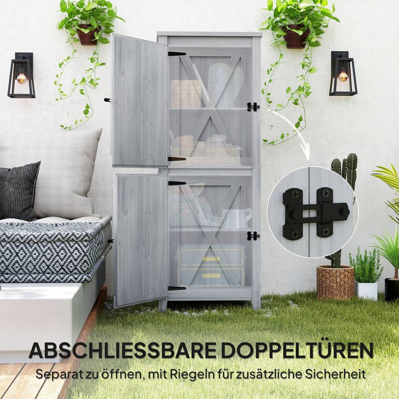 Outsunny Gartenschrank aus Holz in Hellgrau, wetterfester Geräteschuppen mit Doppeltür, Ablagen und Schloss, H x B x T: 160 x 60 x 60 cm - Bild 4