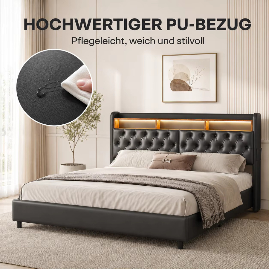 KeepGoon Polsterbett mit Staufach und Hydraulik-Bettkasten in Schwarz, B/T: 180 x 200 cm - Bild 6