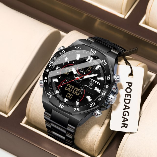POEDAGAR Digitaluhr, Quarz, Edelstahl, Gold Schwarz, Herren - Bild 1