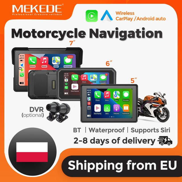 MEKEDE Wasserdichter Motorrad-Navigationsbildschirm mit kabellosem CarPlay und Android Auto, 6 Zoll Touchscreen GPS-Multimedia-Player in Schwarz mit Bluetooth und optionaler Dual-DVR-Dashcam - Bild 1